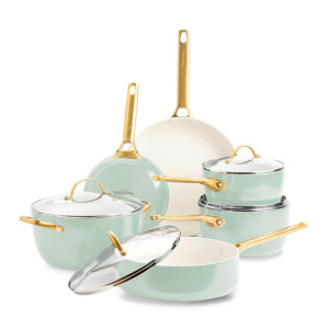 GreenPan Kochtopfset Padova Reserve, Grün, Weiß, Gold, Metall, Glas, 6-teilig, 0 L, rund, Kochen, Töpfe, Topfsets