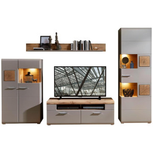 Linie Design Wohnwand, Grau, Eiche, Holzwerkstoff, 4-teilig, 14 Fächer, 2 Schublade(n) Schubladen, 325x205x47 cm, Made in EU, Beimöbel erhältlich,