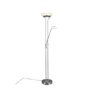 Led-Deckenfluter, Weiß, Nickel, Metall, Glas, warmweiß, 180 cm, getrennt schaltbar, Lesearm, Flexarm, Lampen & Leuchten, Innenbeleuchtung, Stehlampen,