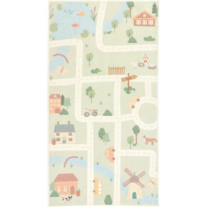 Lindorug Kinderteppich Living Ecovia, waschbar, Pastellblau, Salbeigrün, Aprikose, Textil, Bauernhof, rechteckig, 80x150 cm, Oeko-Tex® Standard 100,