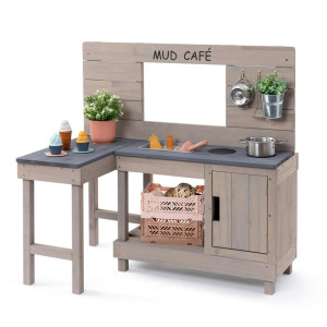 Muddy Buddy Matschküche Coffee Corner, Hellgrau, Holz, 60x95x100 cm, Fsc, EN 71, Europäischer Sicherheitsstandard, mit Holzschutz vorbehandelt,