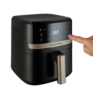 Russell Hobbs Heissluftfritteuse, Schwarz, Kunststoff, 4,3 L, 26x28x34.5 cm, Grüner Punkt, antihaftbeschichteter Innenbehälter, Temperaturanzeige,
