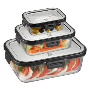 Gefu Frischhaltedosenset, Schwarz, Edelstahl, Transparent, Glas, 0,4 L, 20.8x7x15.6 cm, auslaufsicher, hitzebeständig, mikrowellengeeignet,