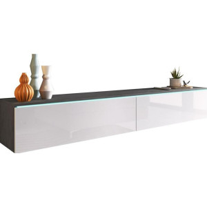 P & B Lowboard D180, Anthrazit, Weiß Hochglanz, Kunststoff, kaltweiß, 180x30x33 cm, Fsc, Made in EU, stehend, hängend, Beleuchtung, in verschiedenen