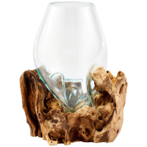 Ambia Home Vase, Braun, Klar, Transparent, Holz, Glas, Recyclingholz, Hartholz, 30 cm, Handmade in Indonesia, nur für Seiden- und Kunstblumen