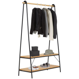 Carryhome Garderobenständer, Schwarz, Kiefer, Holz, Metall, Kiefer, vollmassiv, 111.5x170x45 cm, Schuhablage, standfeste Füße, Hosenhalter,