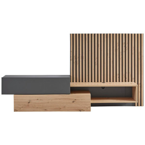 Carryhome Wohnwand, Grau, Eiche Artisan, Holzwerkstoff, 1 Fächer, 1 Schublade(n) Schubladen, 288.5x152.5x42.5 cm, Wohnzimmer, Wohnwände, Anbauwände