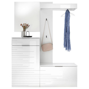 Garderobe, Weiß, Weiß Hochglanz, Holzwerkstoff, 4-teilig, 140x190x38 cm, Garderobe, Garderoben-Sets & Serien, Garderoben-Sets