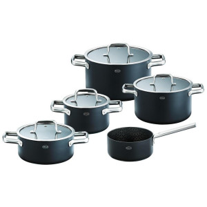 Rösle Kochtopfset Ebonic, Schwarz, Metall, 5-teilig, 16 cm, 57x32 cm, backofengeeignet, hitzebeständige Griffe, hitzebeständig, leichte Reinigung,