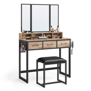 Boxxx Schminktisch, Schwarz, Eiche, Metall, Kunststoff, Vintage, 3 Schublade(n) Schubladen, rechteckig, eckig, Flachrohr, 40x141x90 cm, Schlafzimmer,