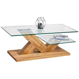 Linea Natura Couchtisch, Eiche, Transparent, Holz, Glas, Eiche, massiv, rechteckig, Bodenplatte, 60x44x110 cm, Wohnzimmer, Wohnzimmertische,