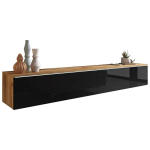 P & B Lowboard D180, Eiche Wotan, Schwarz Hochglanz, Kunststoff, kaltweiß, 180x30x33 cm, Fsc, Made in EU, stehend, hängend, Beleuchtung, in
