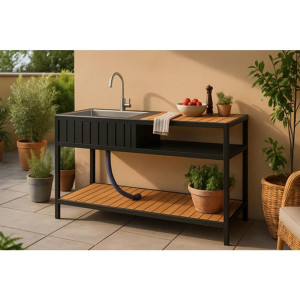 Ambia Garden Outdoorküche, Anthrazit, Teak, Metall, Kunststoff, einzeln stellbar, 127x95x50 cm, Gartenmöbel, Outdoor-Küchen