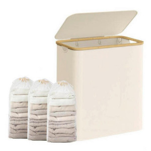 Boxxx Wäschekorb, Weiß, Beige, Metall, Kunststoff, Textil, Naturmaterialien, Lederlook, 150 L, rechteckig, 60x70.5x38.5 cm, Tragegriffe, Deckel,