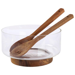 Ambia Home Salatschüssel, Klar, Akazie, Holz, Glas, 3-teilig, Akazie, massiv, rund, Lfgb, lebensmittelecht, Essen & Trinken, Geschirr, Schalen &