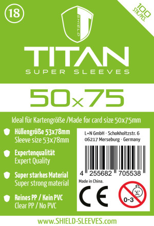 Spiel Shield Titan 18 - 100 Super Sleeves für Kartengröße 50 x 75 mm
