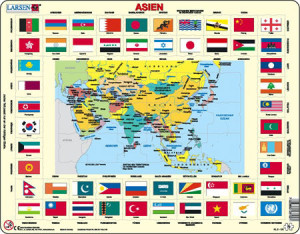 Larsen-Puzzle 70 Teile: Lernkarte - Asien und Flaggen (politisch)