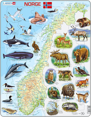 Larsen-Puzzle 62 Teile: Physische Karte - Norwegen mit Tieren