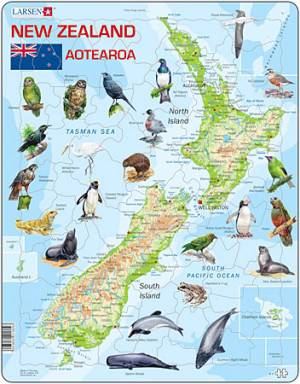 Larsen-Puzzle 71 Teile: Lernkarte - Neuseeland (physisch)