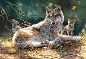 Die Wolfsmutter mit ihren Kleinen