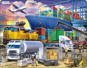 Larsen-Puzzle 37 Teile: Fracht-Drehkreuz mit Schiff, LKW, Zug & Flugzeug
