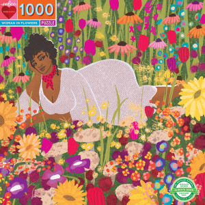 eeBoo-Puzzle 1000 Teile: Posende Frau in der Blumenwiese