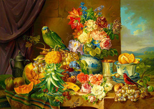 Enjoy Puzzle-Puzzle 1000 Teile: Stillleben mit Früchten, Blumen und einem Papagei