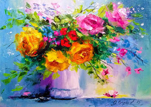 Vase mit bunten Rosen