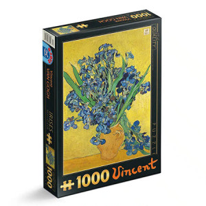 Vase mit Schwertlilien vor gelbem Hintergrund, van Gogh