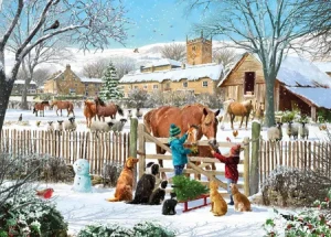 Füttern der Pferde im Winter