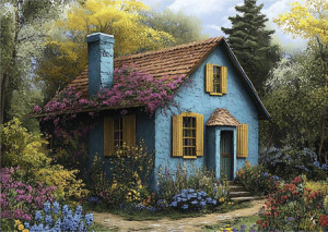 Blaues Cottage im Wald