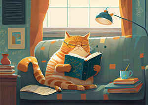 Katze liest ein Buch