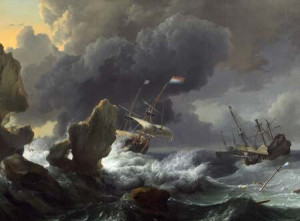 Ludolf Backhuysen - Schiffe in Seenot vor einer felsigen Küste, 1667