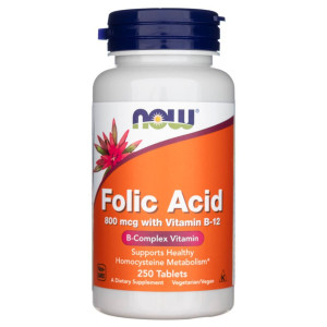 Now Foods Folic Acid (kwas foliowy + witamina B12) 800 mcg - 250 tabletek