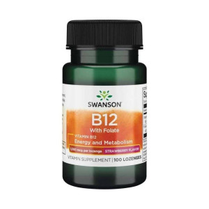 Swanson Witamina B12 1000 mcg + Folian, smak truskawkowy - 100 pastylek do ssania
