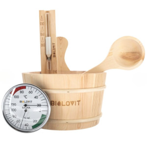 Bilovit Zestaw akcesoriów do sauny - 4 elementy (wiadro, łyżka, termometr, klepsydra)