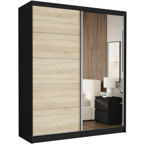 Szafa przesuwna Luna I 183 cm czarna z lustrem 2-drzwi sonoma srebrne szprosy