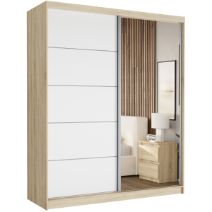Szafa przesuwna Luna I 183 cm sonoma z lustrem 2-drzwi białe srebrne szprosy