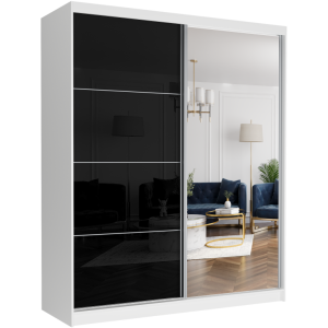 Szafa przesuwna Luna IV 183 cm biała z lustrem 2-drzwi czarny półpołysk srebrne szprosy