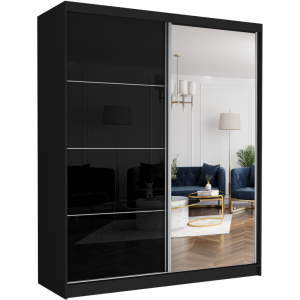 Szafa przesuwna Luna IV 183 cm czarna z lustrem 2-drzwi czarny półpołysk srebrne szprosy