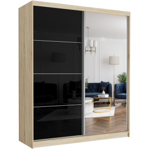 Szafa przesuwna Luna IV 183 cm sonoma z lustrem 2-drzwi czarny półpołysk srebrne szprosy
