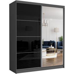 Szafa przesuwna Luna IV 183 cm antracyt z lustrem 2-drzwi czarny półpołysk srebrne szprosy