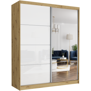 Szafa przesuwna Luna V 183 cm artisan z lustrem 2-drzwi biały półpołysk srebrne szprosy