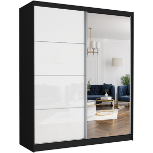 Szafa przesuwna Luna V 183 cm czarna z lustrem 2-drzwi biały półpołysk srebrne szprosy