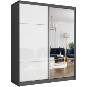 Szafa przesuwna Luna V 183 cm antracyt z lustrem 2-drzwi biały półpołysk srebrne szprosy