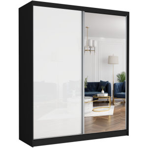 Szafa przesuwna Luna VI 183 cm czarna z lustrem 2-drzwi biały półpołysk