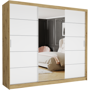 Szafa przesuwna Norvio I 250 cm artisan z lustrem 3-drzwi białe srebrne szprosy