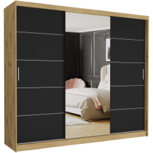 Szafa przesuwna Norvio I 250 cm artisan z lustrem 3-drzwi czarne srebrne szprosy