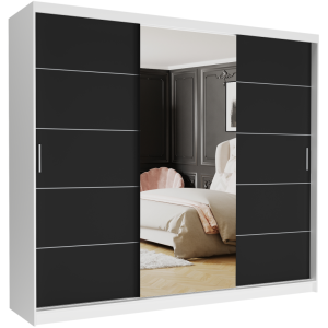 Szafa przesuwna Norvio I 250 cm biała z lustrem 3-drzwi czarne srebrne szprosy