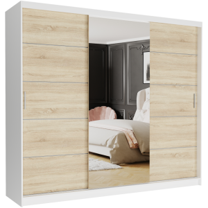 Szafa przesuwna Norvio I 250 cm biała z lustrem 3-drzwi sonoma srebrne szprosy